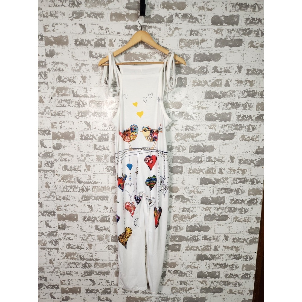 Boho Bird Heart Print Jumpsuit Women Size Small White Graphic Tie Strap Overalls